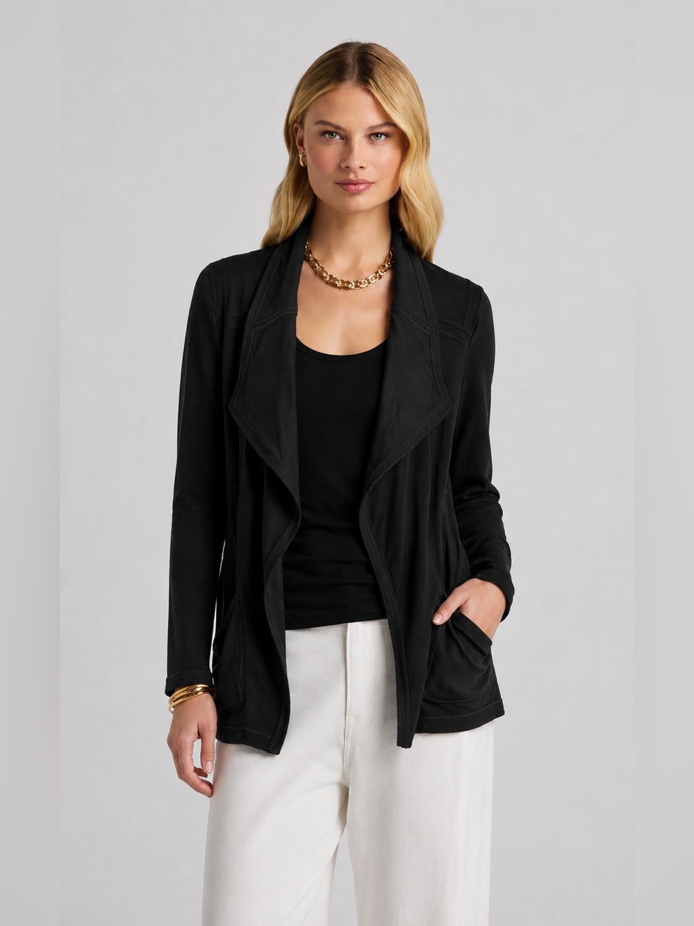 St. John Sport Open Black Knit Long Sleeve Cardigan Sweater Drapey Size Small
